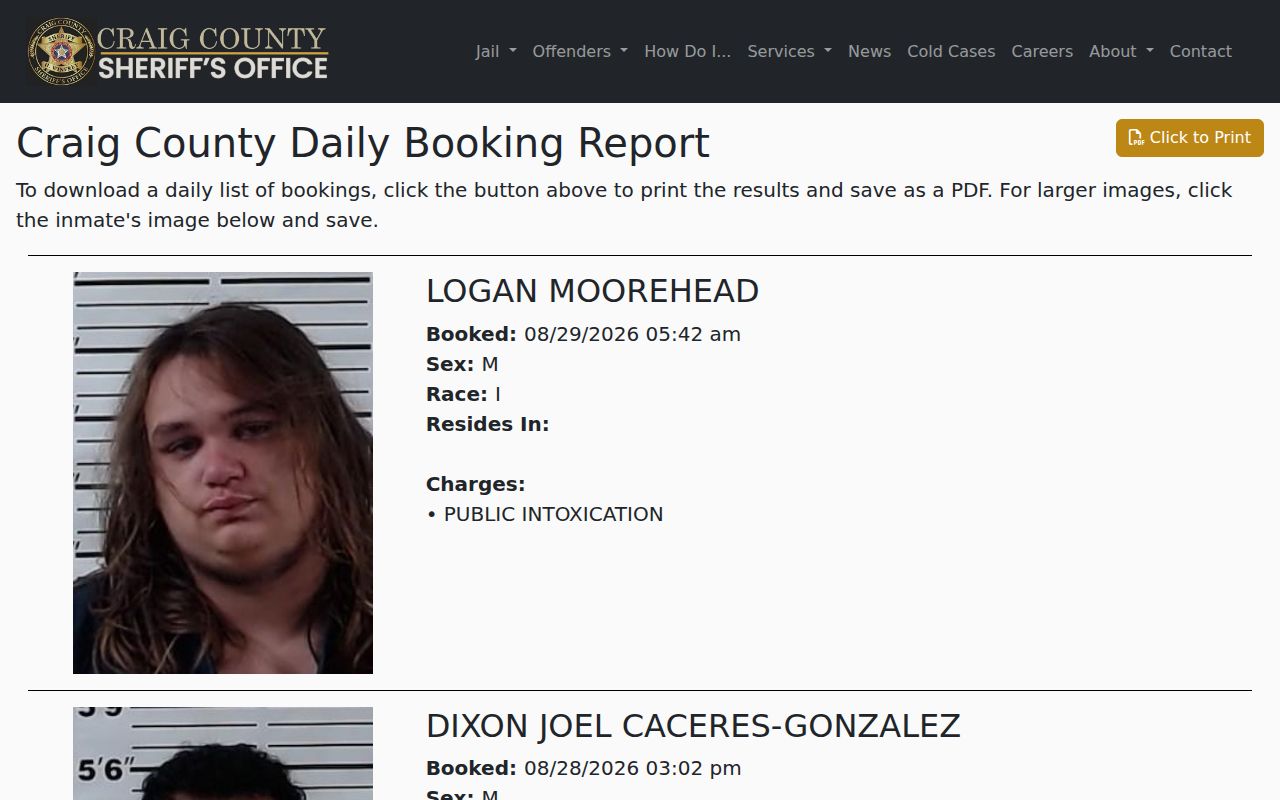 Craig County Daily Booking Report interface for recent booking record research